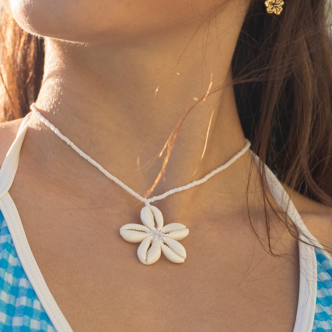 Flower Cowrie and White Seedbeads 16" Necklace