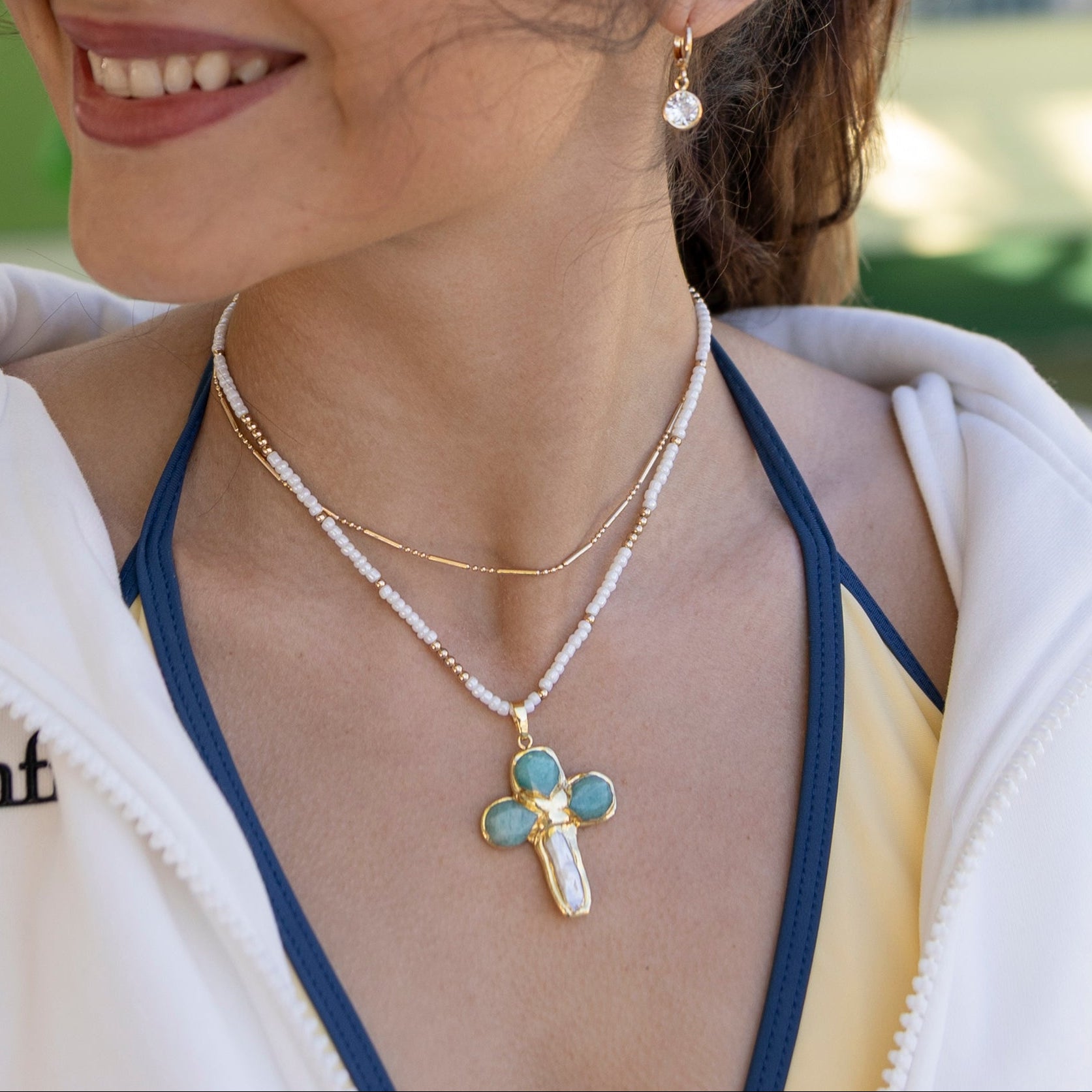 Stone and Freshwater Pearl Cross Pendant 15" Necklace