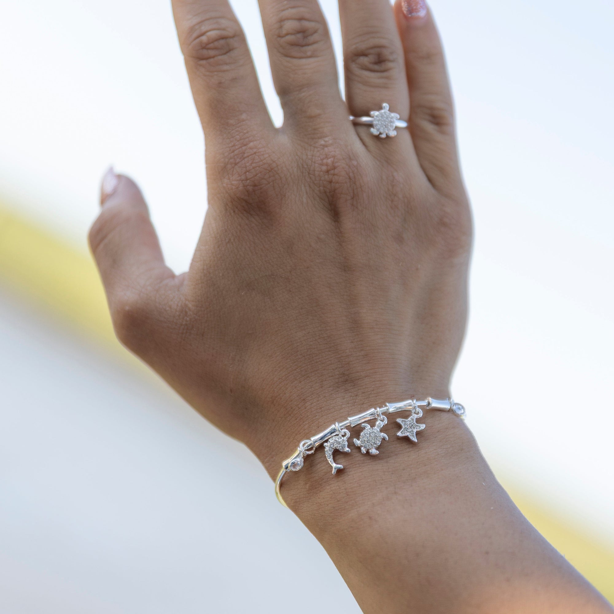 Crystal Turtle/Dolphin/Starfish Charm Bangle Bracelet