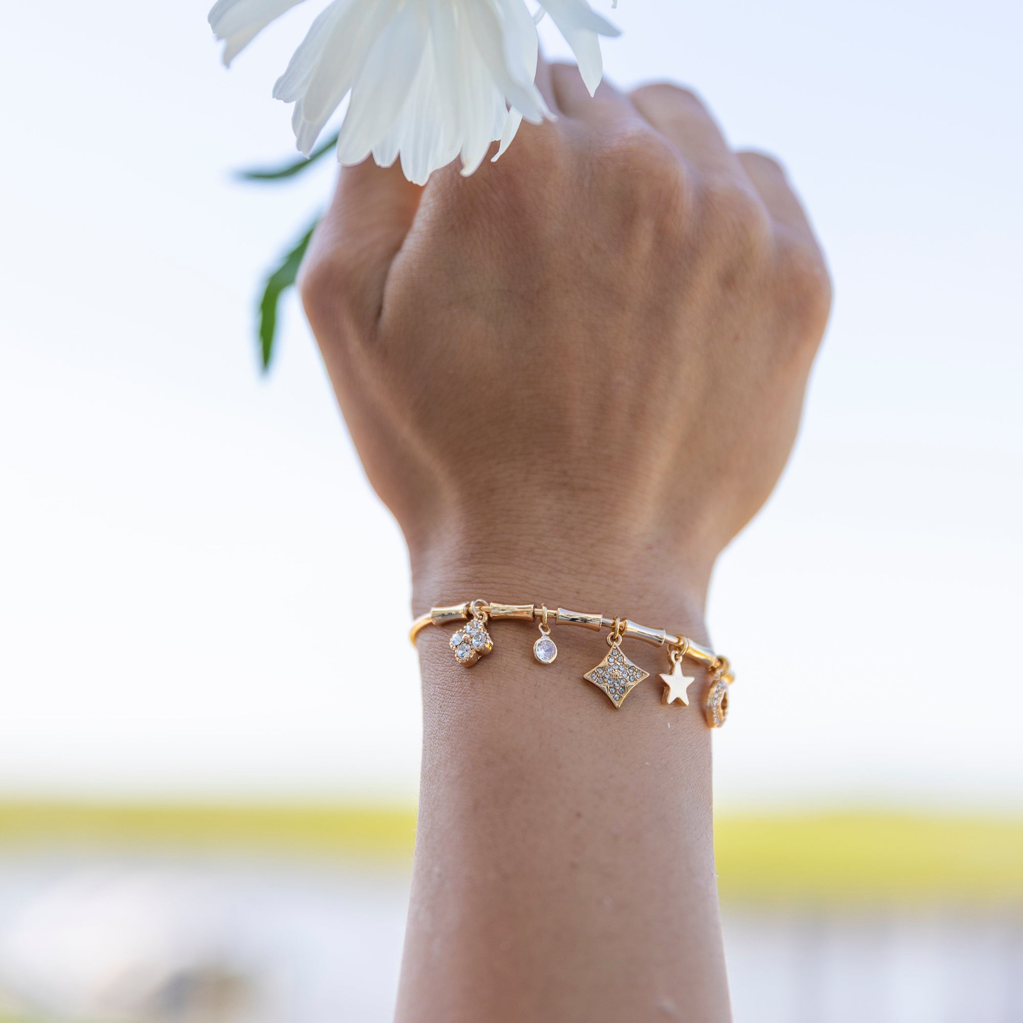 Crystal Clover Charm Bangle Bracelet