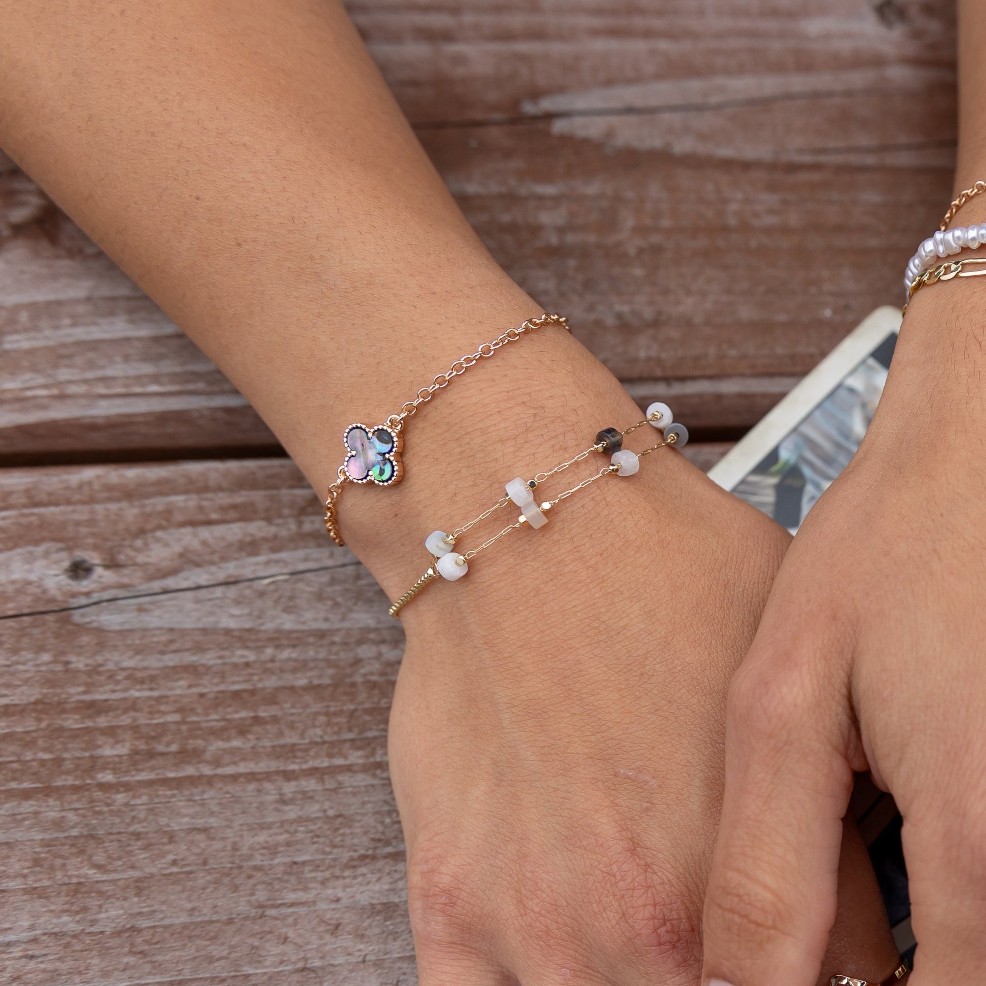 Gold Double Heishi Stone Adjustable Bracelet