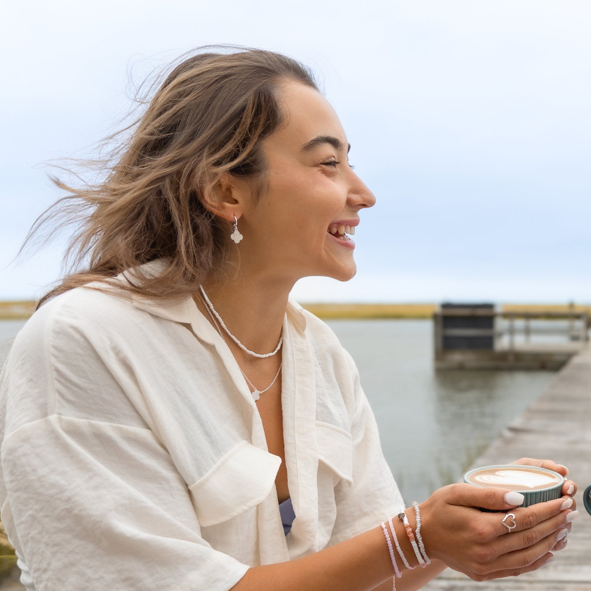 Mother of Pearl Clover Huggie Earrings