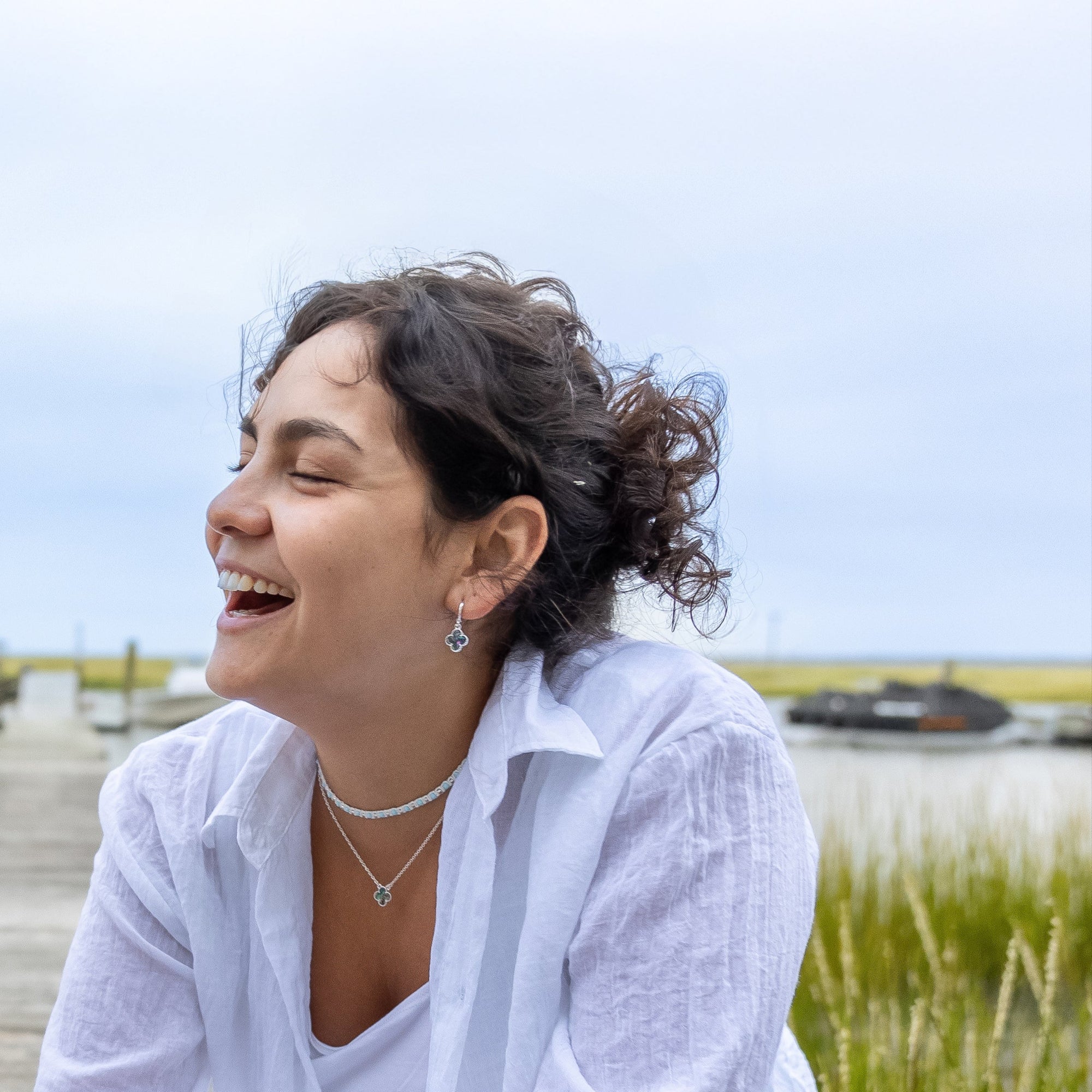Blue Abalone Clover Huggie Earrings