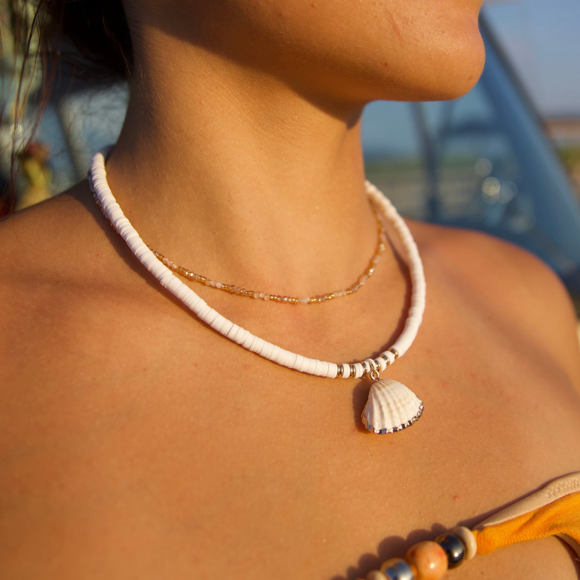 White Fimo/Metallic Clam Shell 16" Necklace