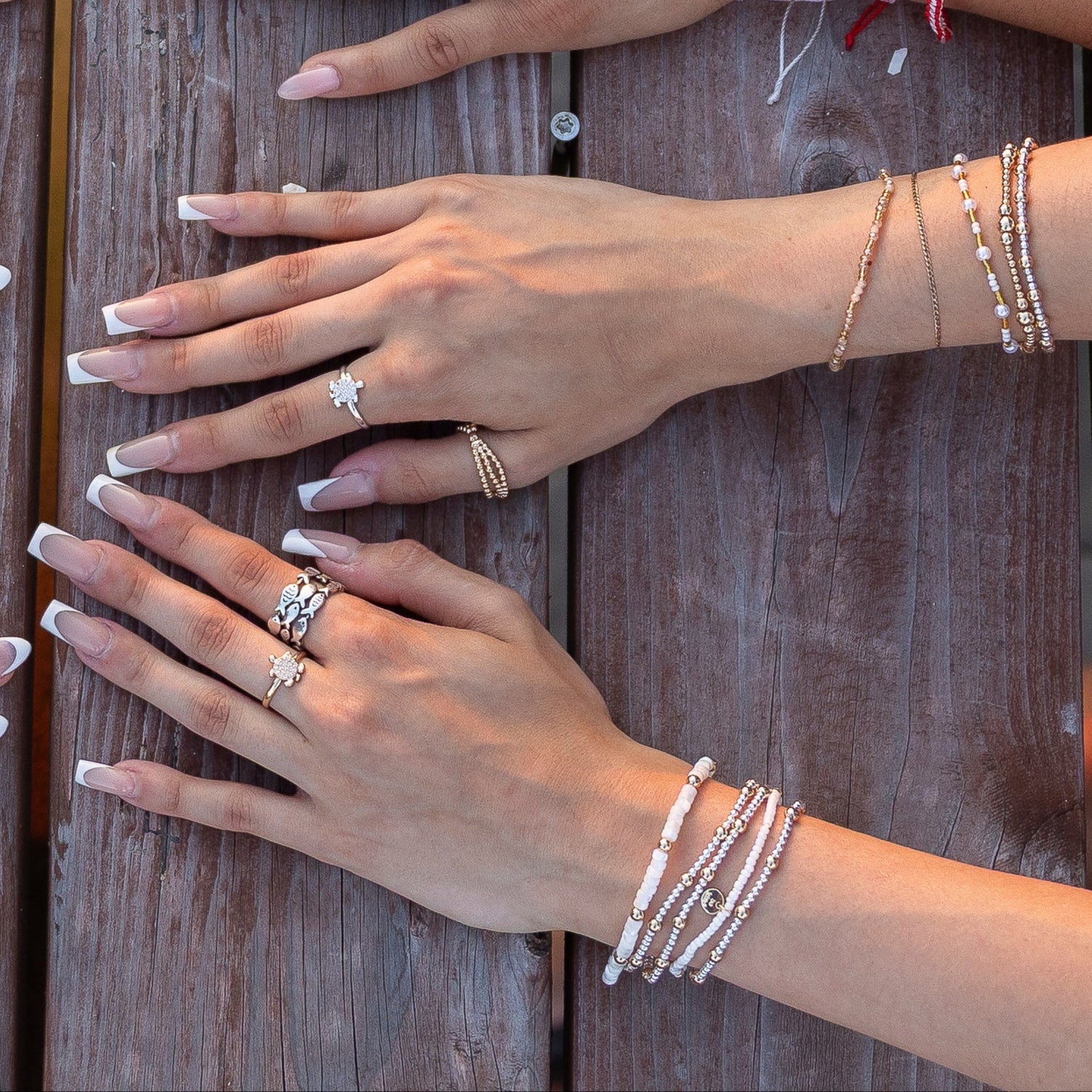 Mother of Pearl Station Metal Bead Stretch Bracelet