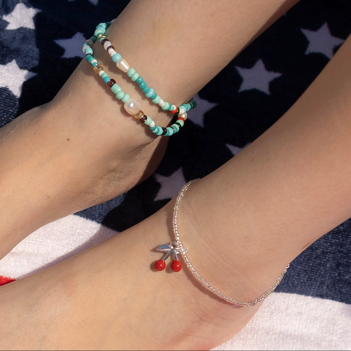 Enamel Cherries Seedbead Stretch Anklet