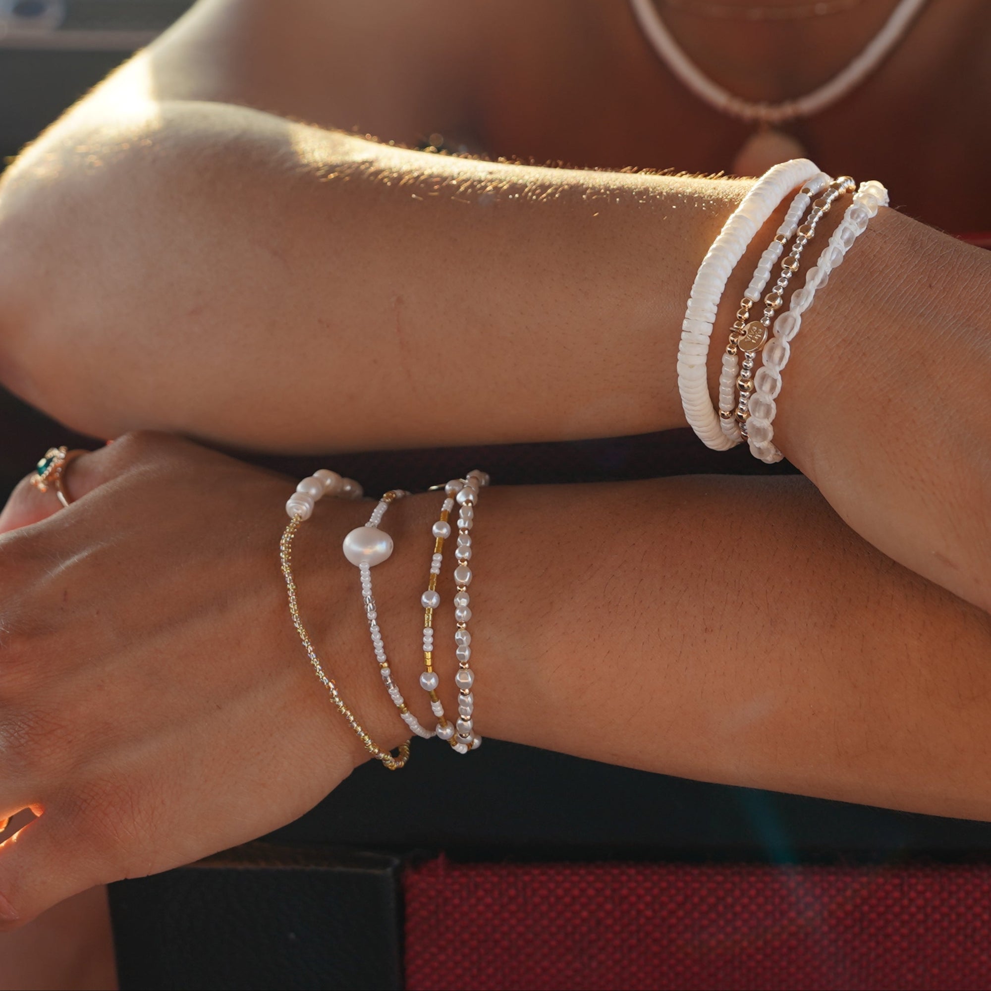 Gold/White/Silver Seed Bead Freshwater Pearl Stretch Bracelet