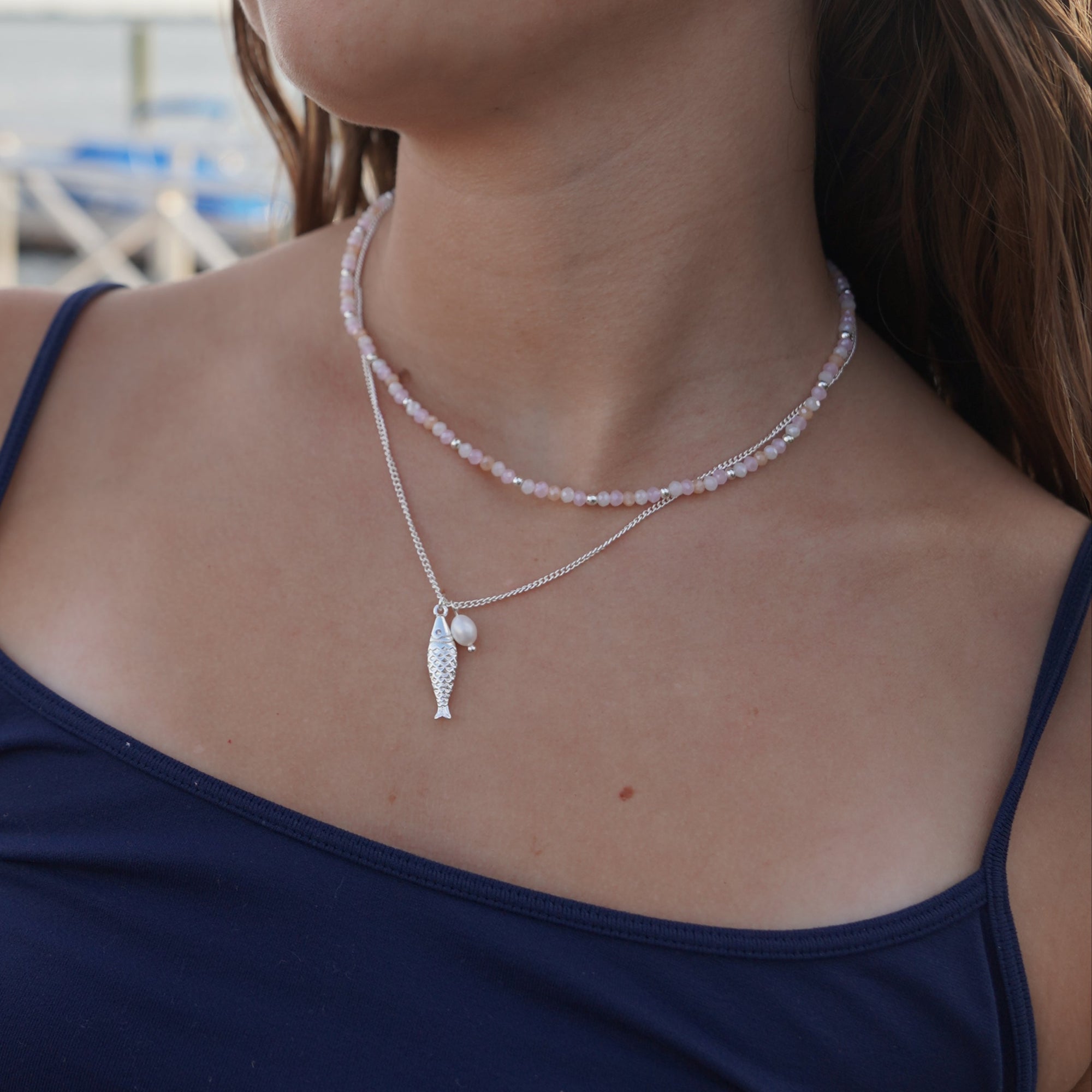 Crystal Sardine and Pearl 16" Necklace