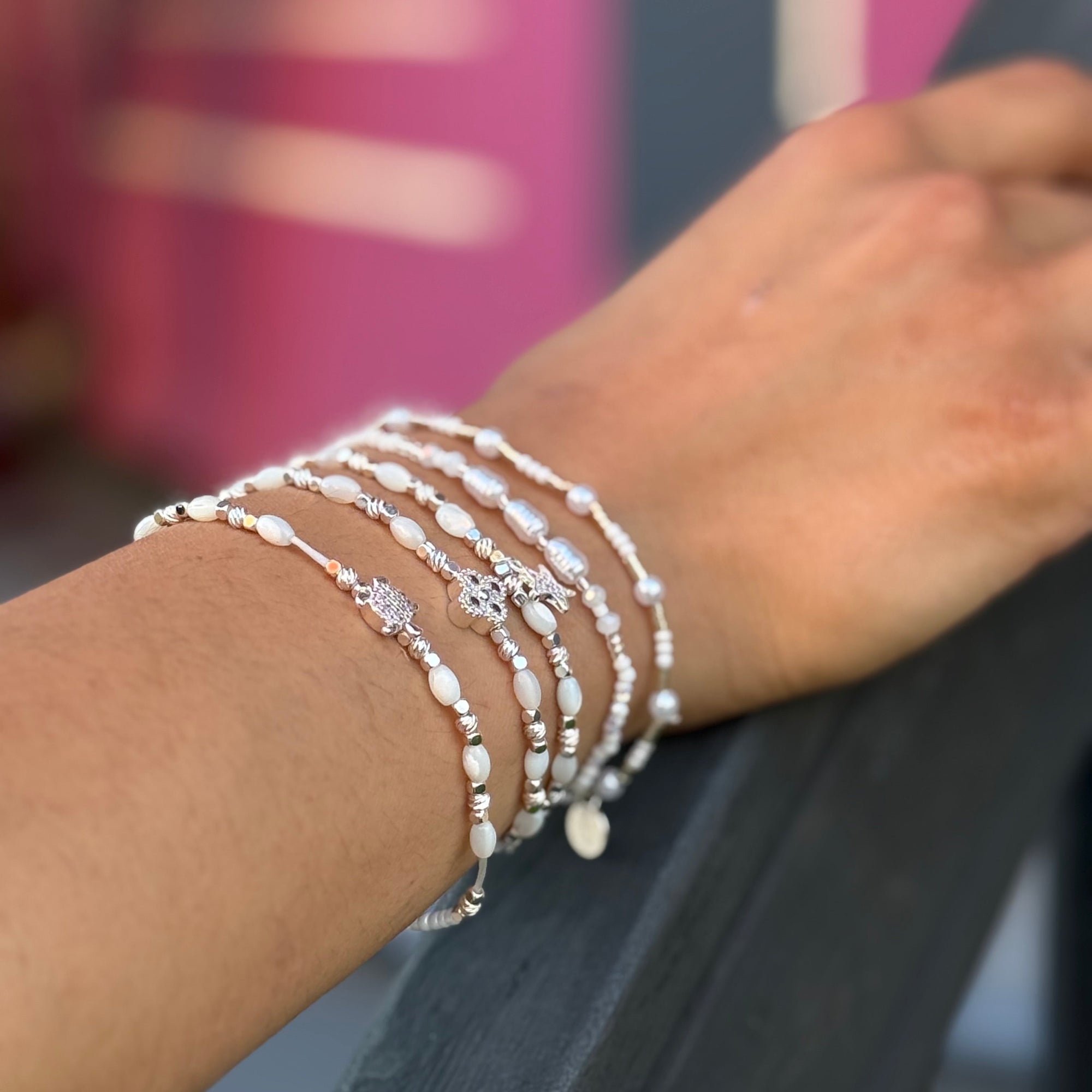 Crystal Clover Seedbead Mother of Pearl Stretch Bracelet