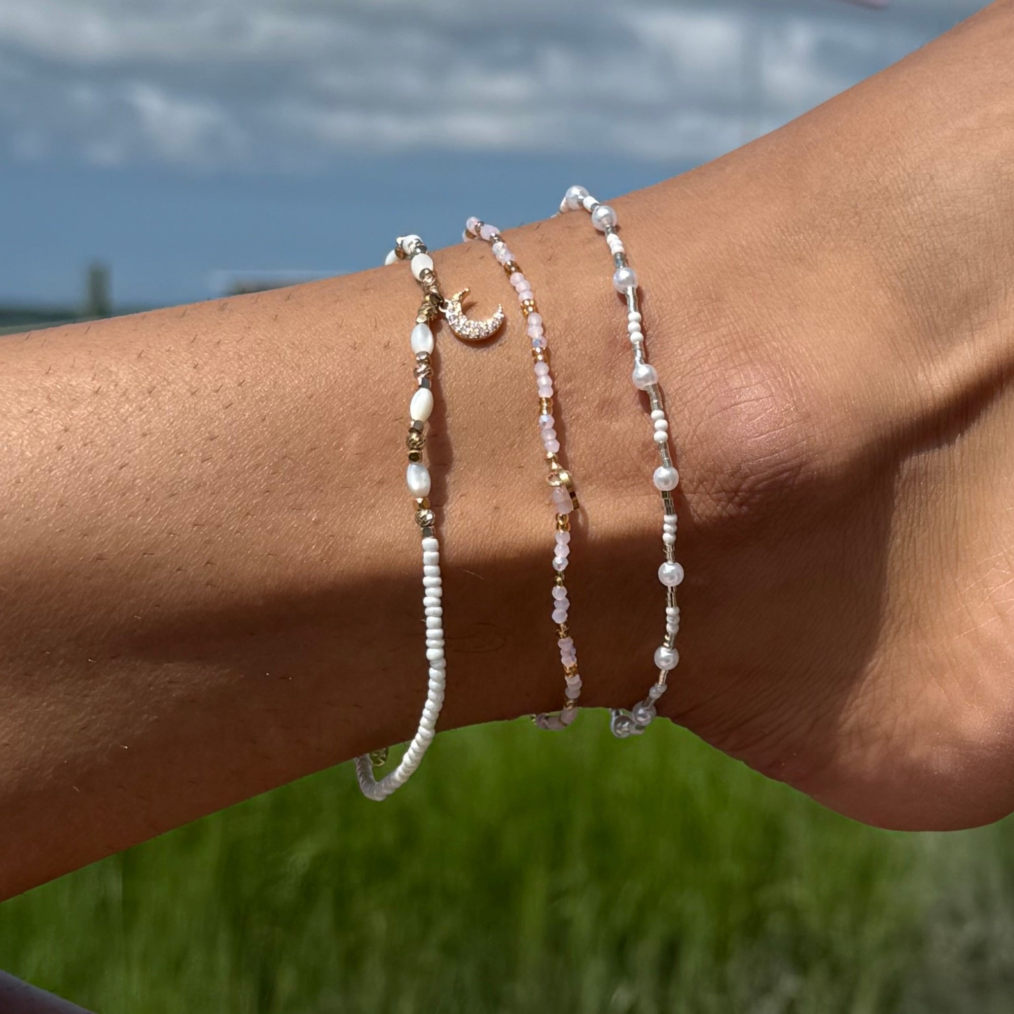 Crystal Moon Seedbead Mother of Pearl Stretch Anklet