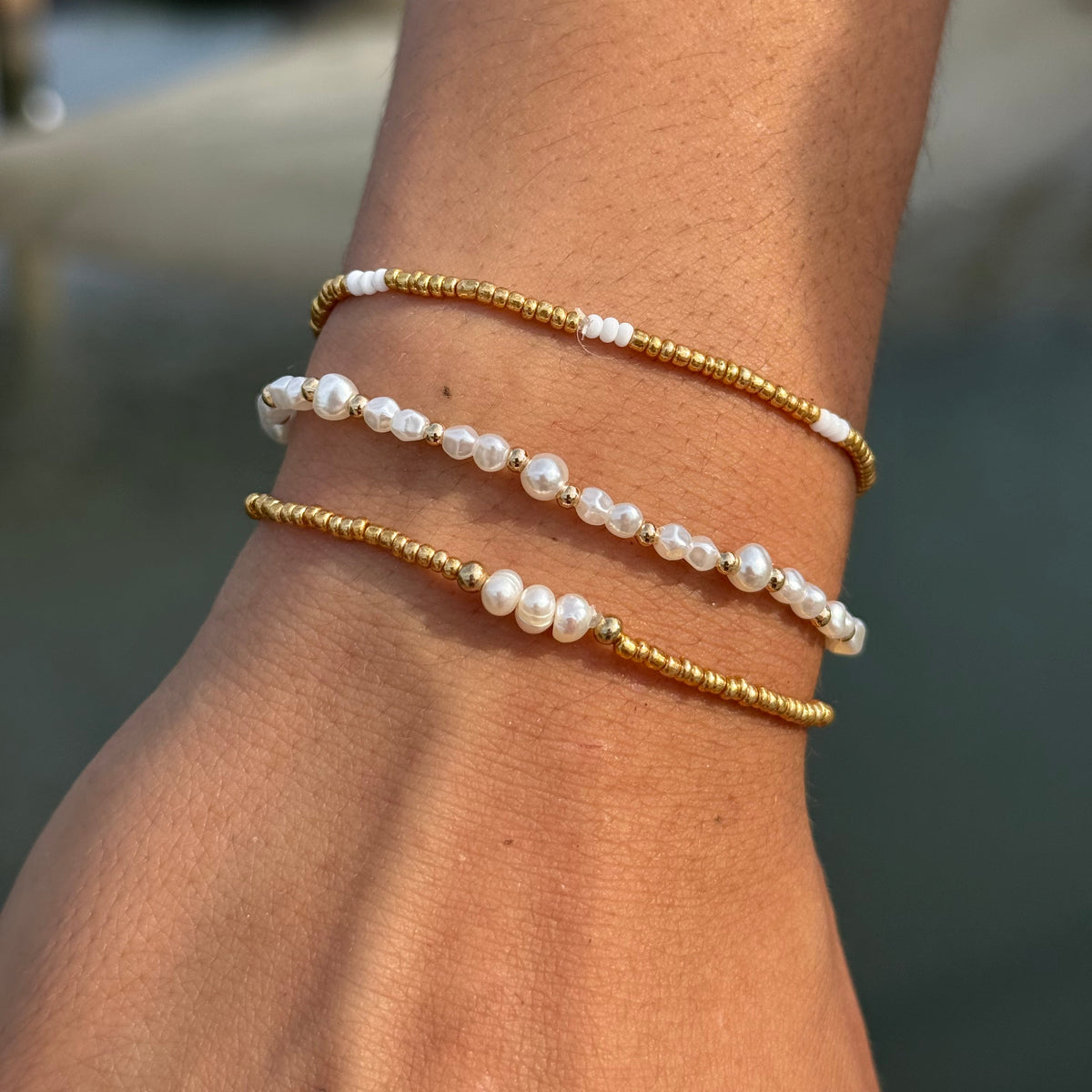 Triple Pearl with Silver &amp; Gold Seedbead Bracelet
