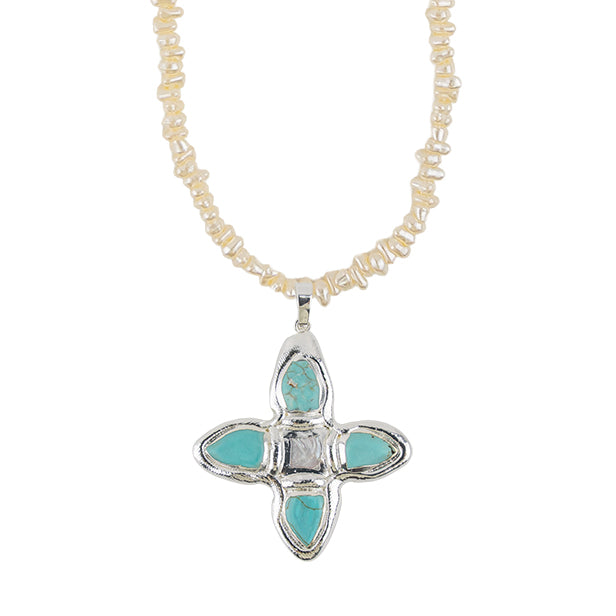 Stone Pendant with Freshwater Pearls 14" Necklace
