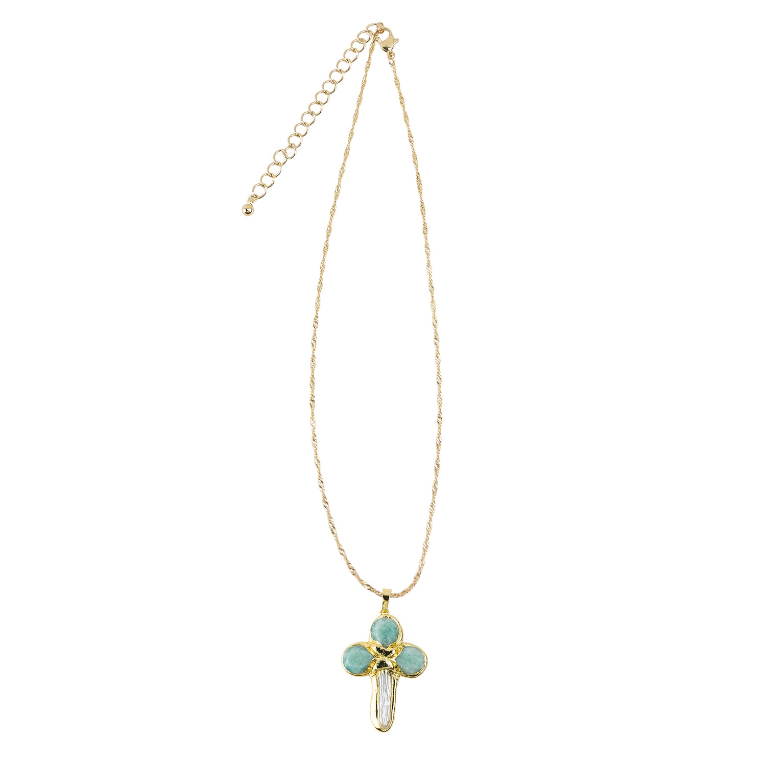 Stone and Freshwater Pearl Cross Pendant 15" Necklace
