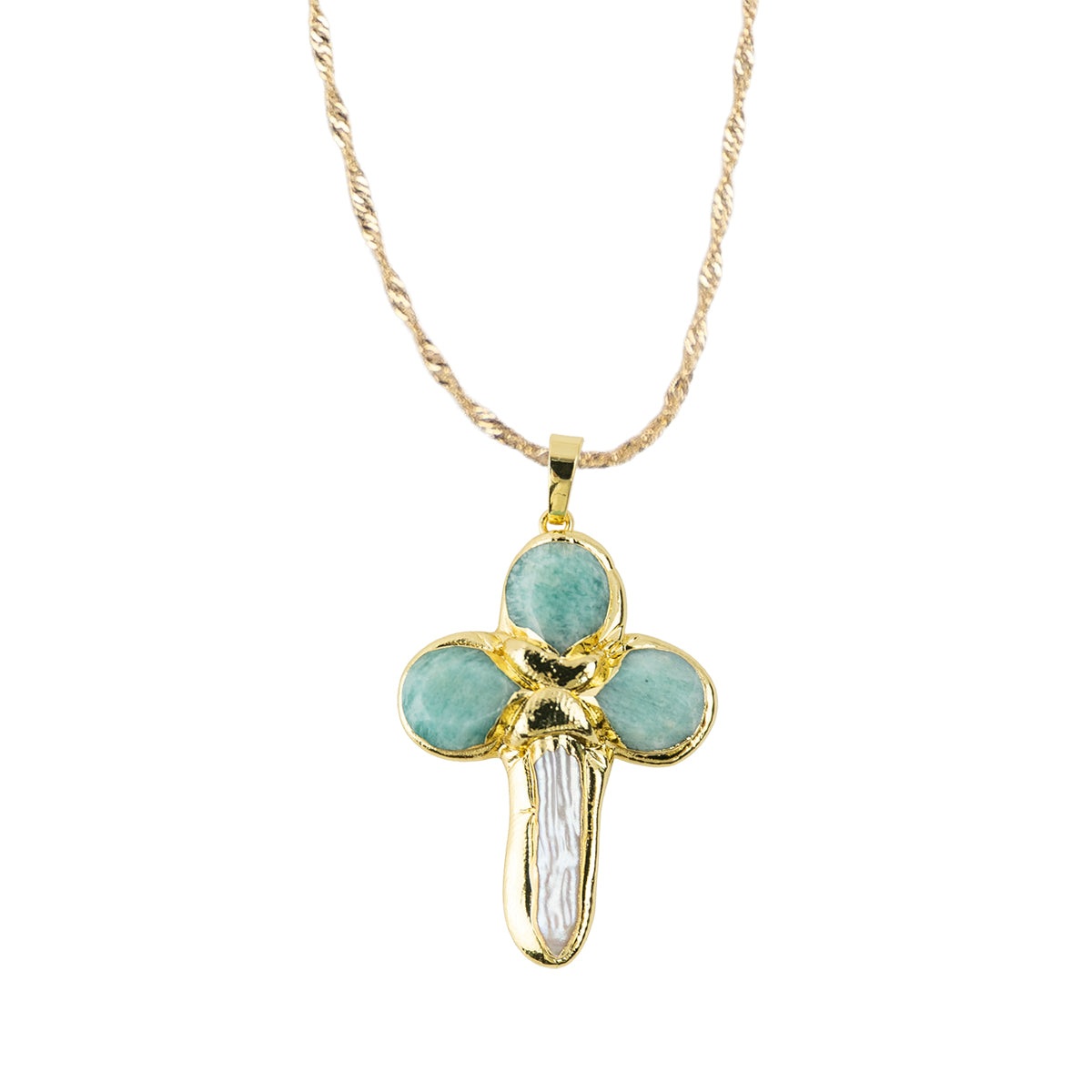 Stone and Freshwater Pearl Cross Pendant 15" Necklace
