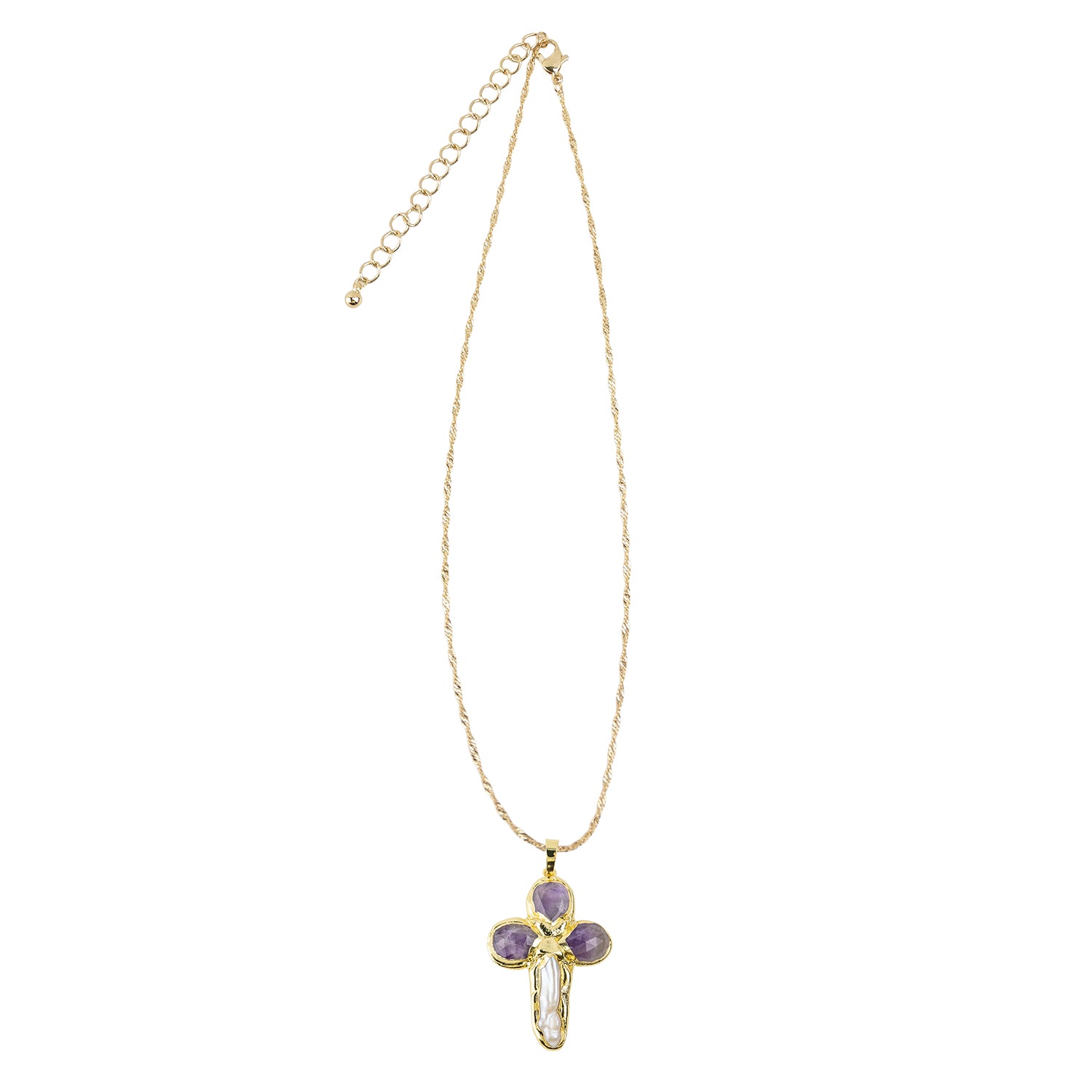 Stone and Freshwater Pearl Cross Pendant 15" Necklace