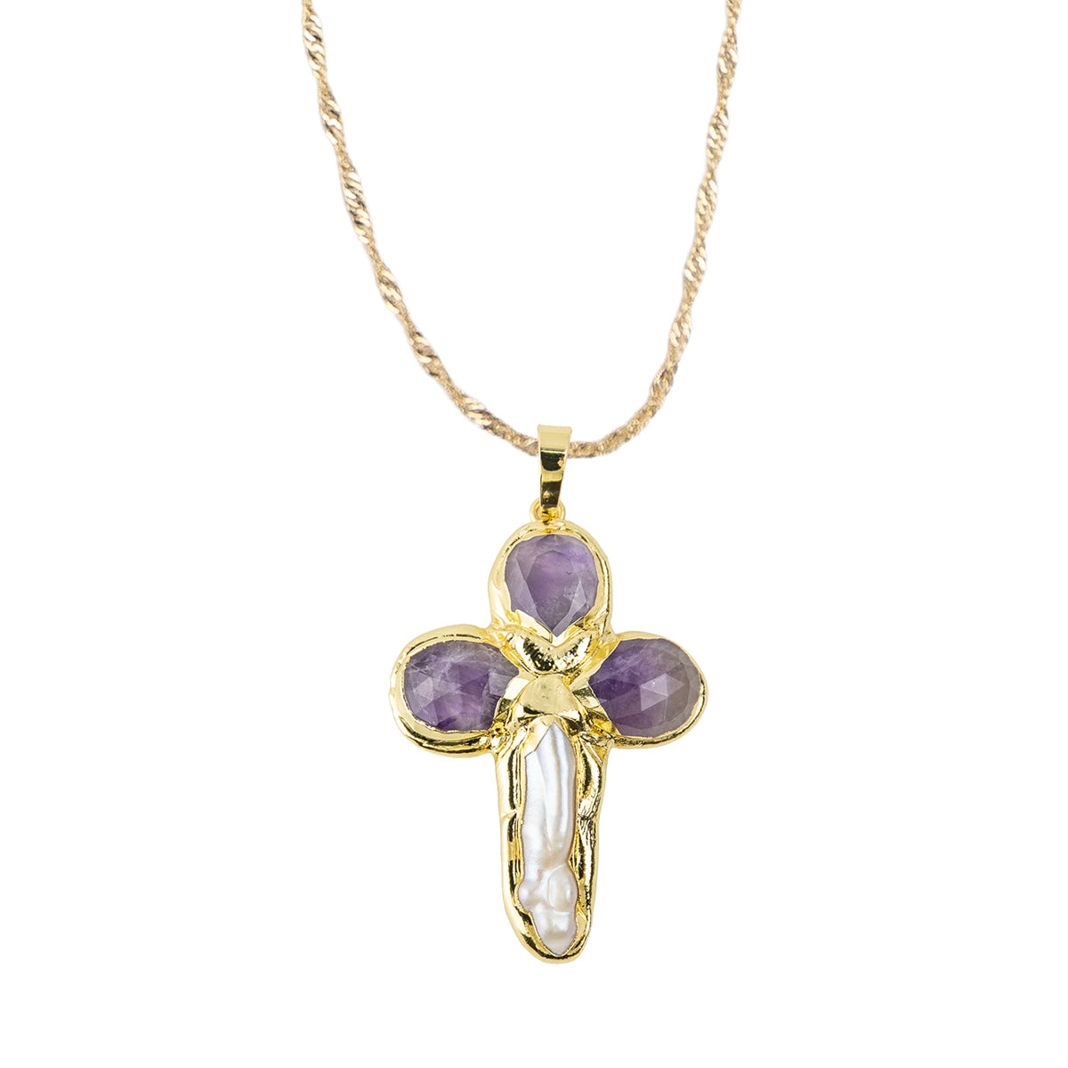 Stone and Freshwater Pearl Cross Pendant 15" Necklace