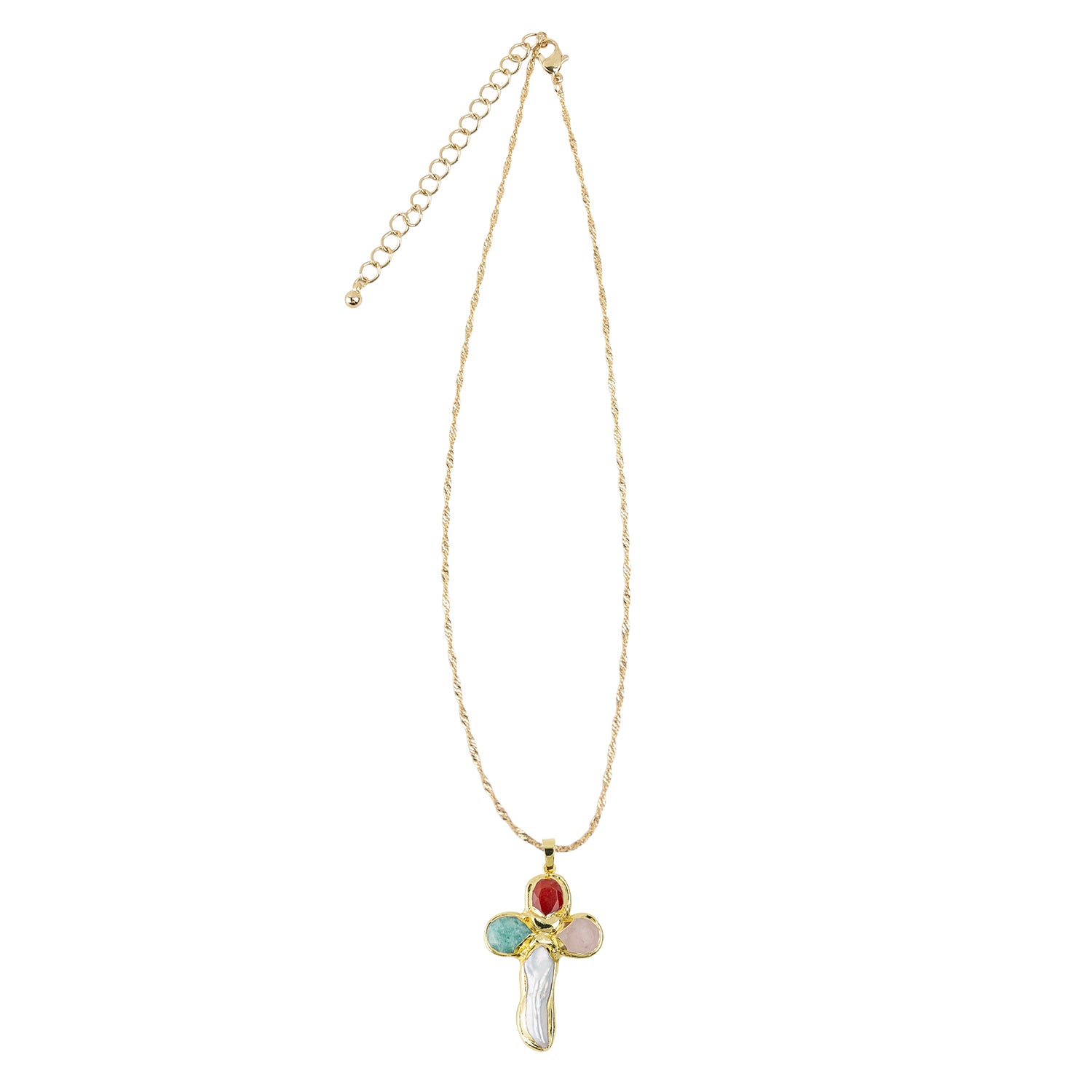 Stone and Freshwater Pearl Cross Pendant 15" Necklace