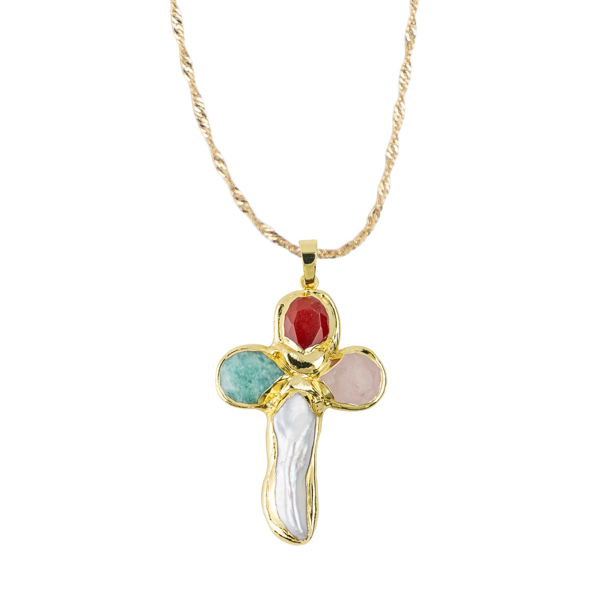 Stone and Freshwater Pearl Cross Pendant 15" Necklace