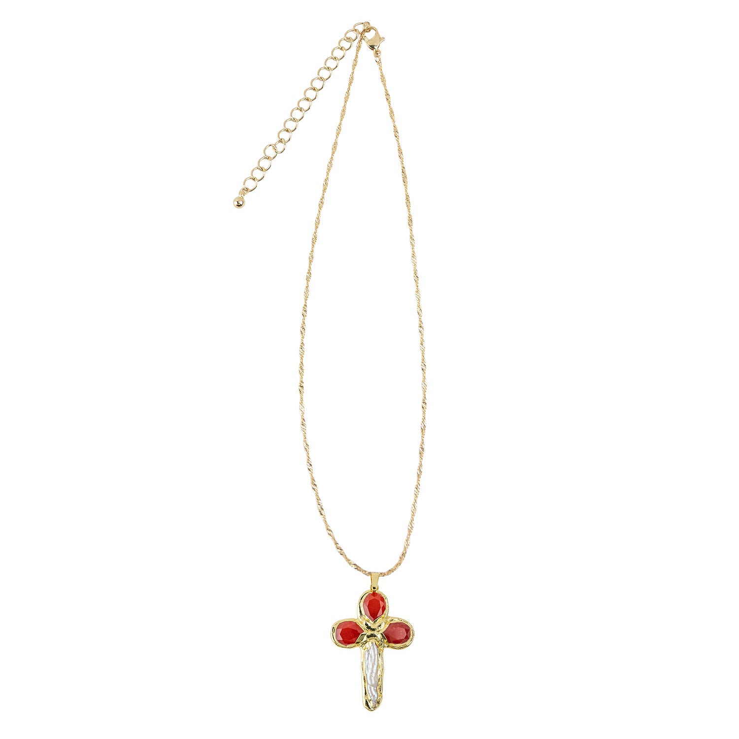 Stone and Freshwater Pearl Cross Pendant 15" Necklace