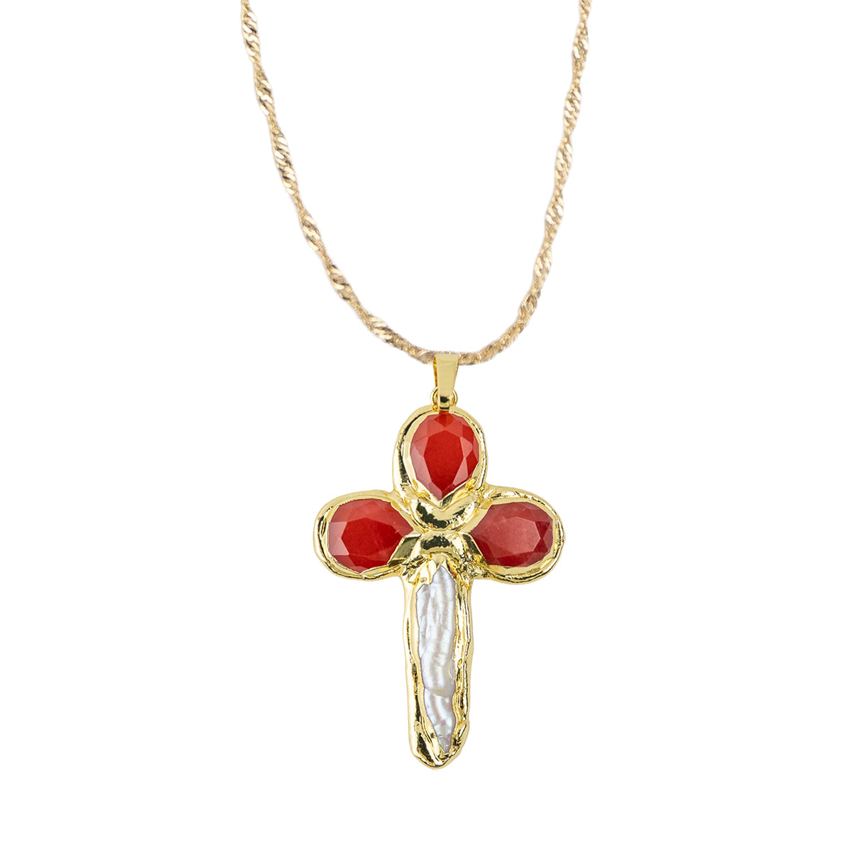 Stone and Freshwater Pearl Cross Pendant 15" Necklace