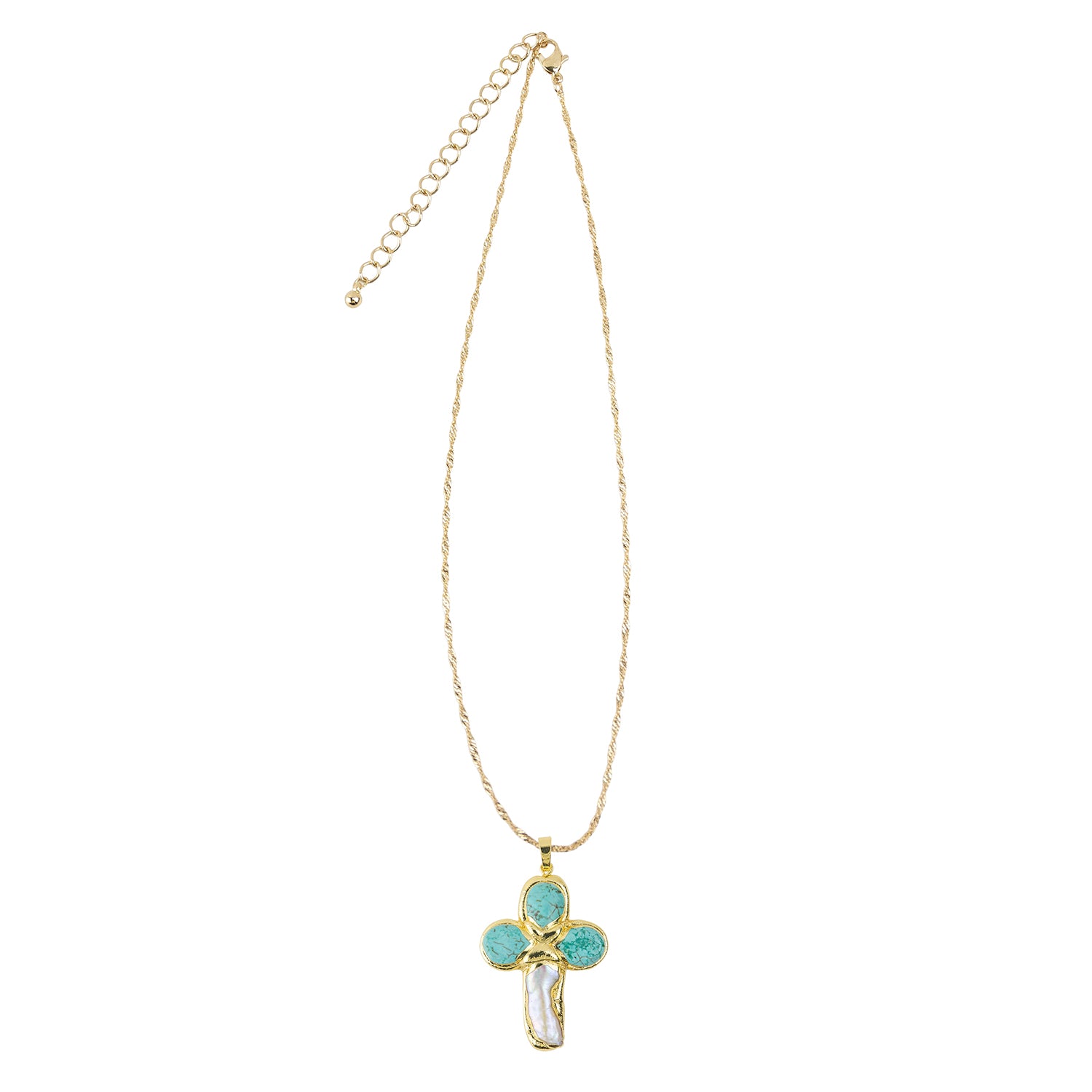 Stone and Freshwater Pearl Cross Pendant 15" Necklace
