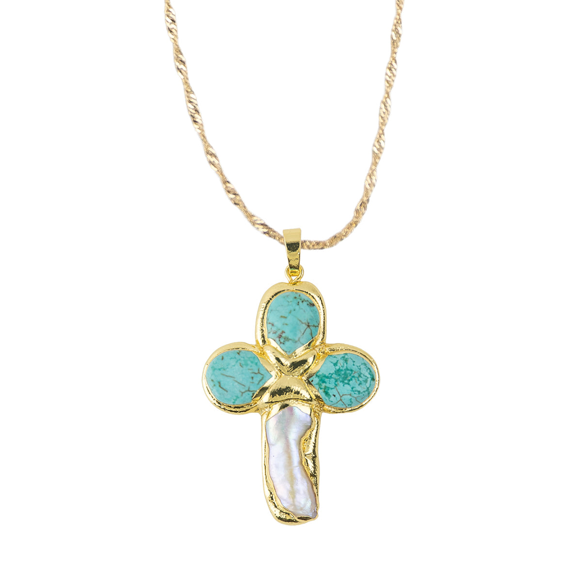 Stone and Freshwater Pearl Cross Pendant 15" Necklace