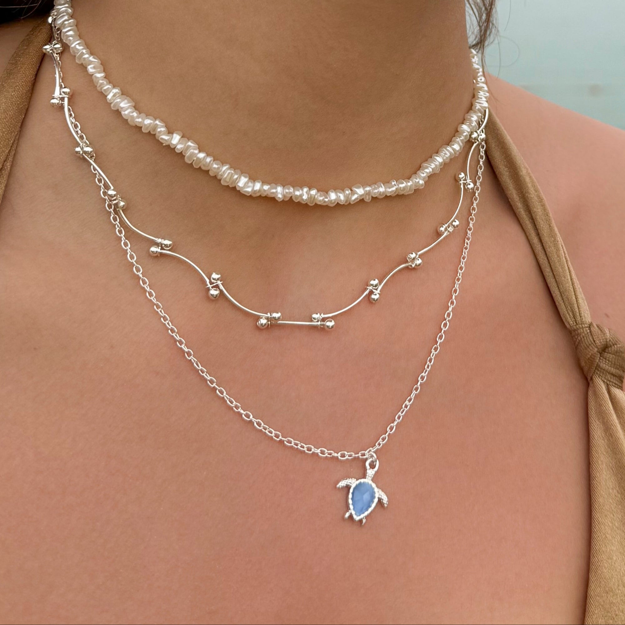 Silver Blue Cats Eye Turtle 16" Necklace