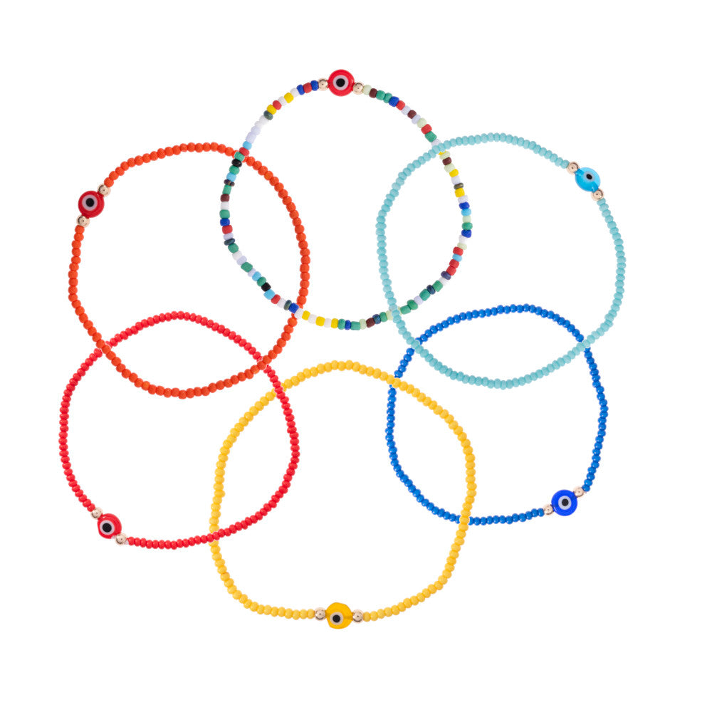 Bright Color Evil Eye Seed Bead Stretch Anklet