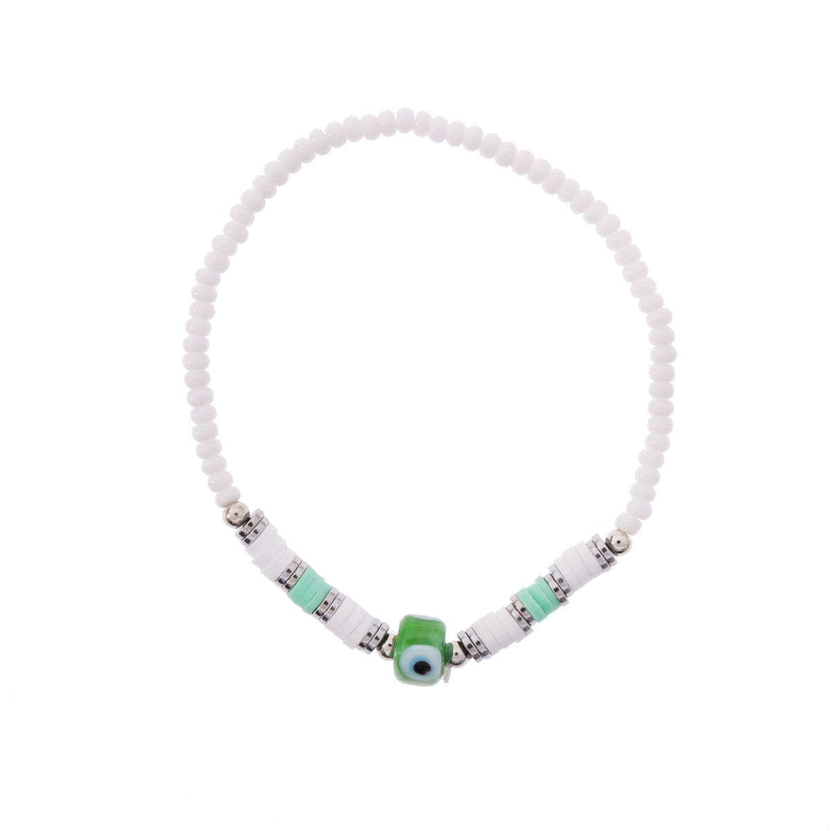 White Seedbead &amp; Fimo Evil Eye Bracelet