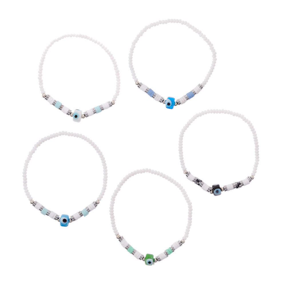 White Seedbead &amp; Fimo Evil Eye Bracelet