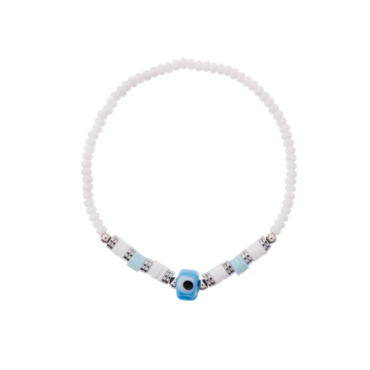 White Seedbead &amp; Fimo Evil Eye Bracelet