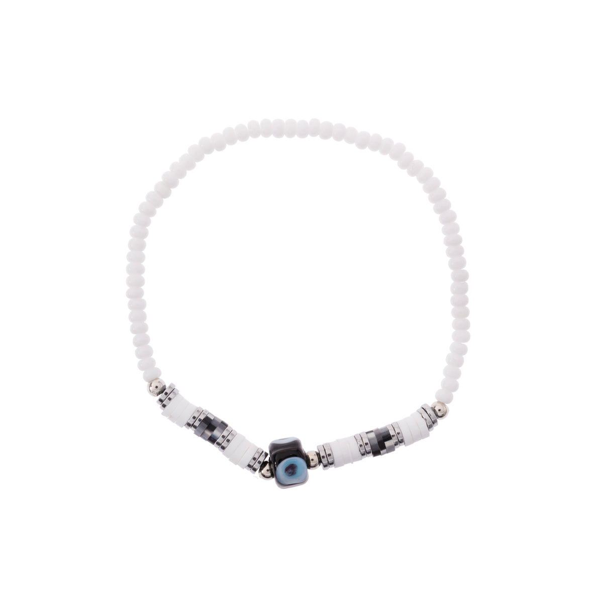 White Seedbead &amp; Fimo Evil Eye Bracelet