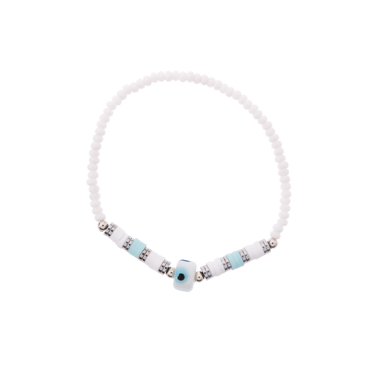 White Seedbead &amp; Fimo Evil Eye Bracelet