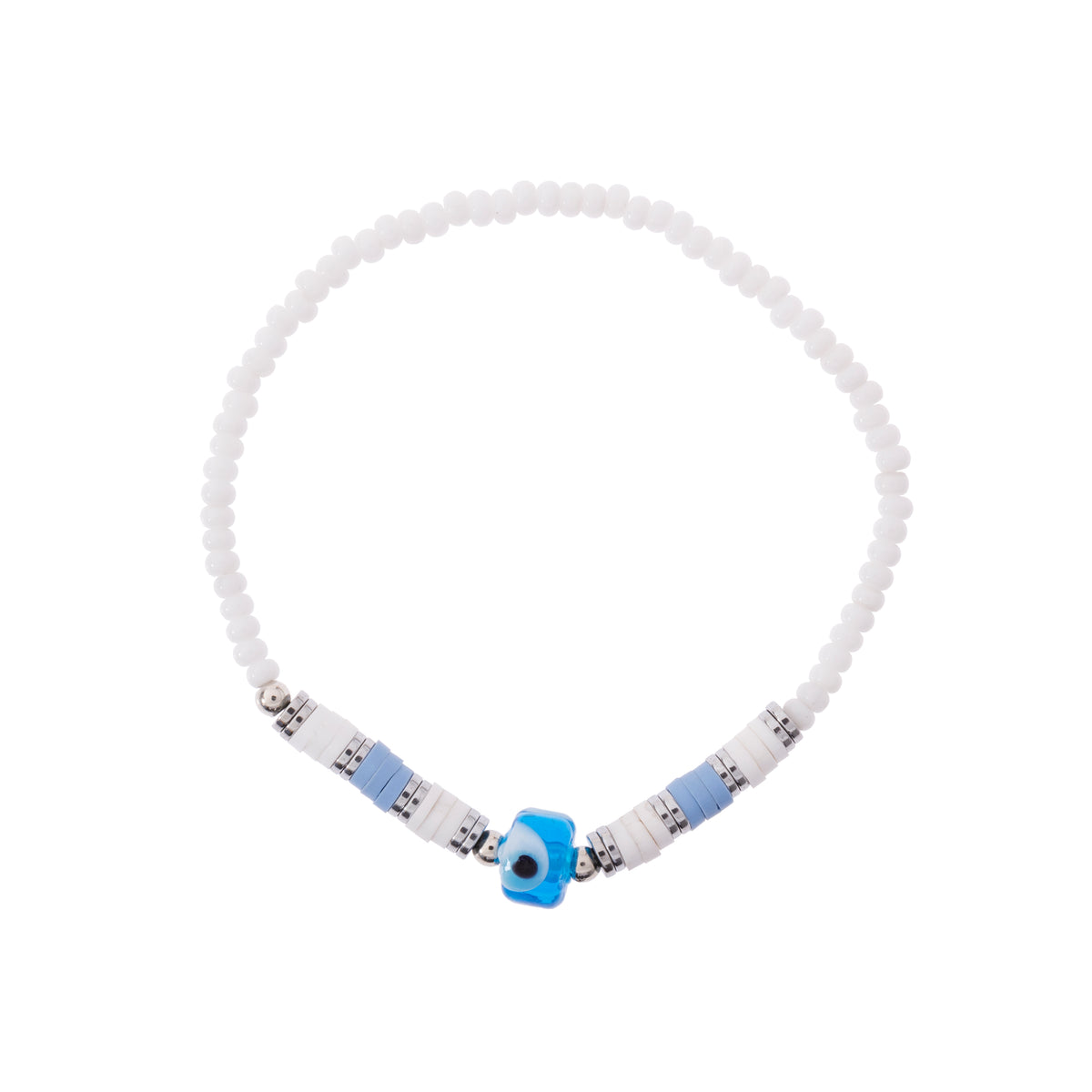 White Seedbead &amp; Fimo Evil Eye Bracelet