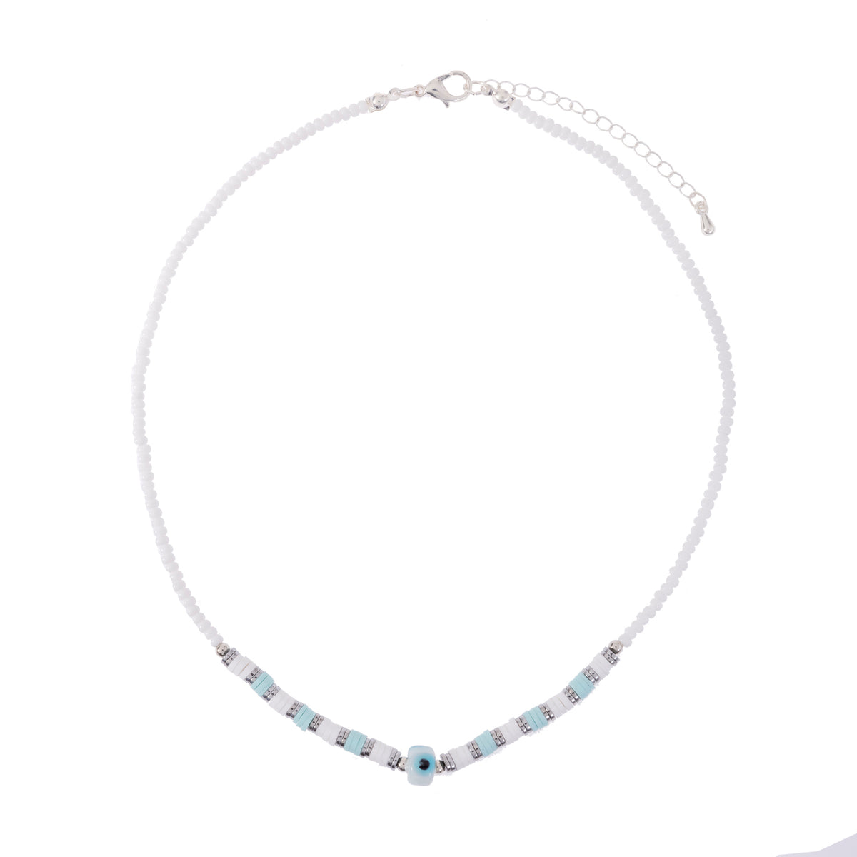 White Seedbead &amp; Fimo Evil Eye Necklace