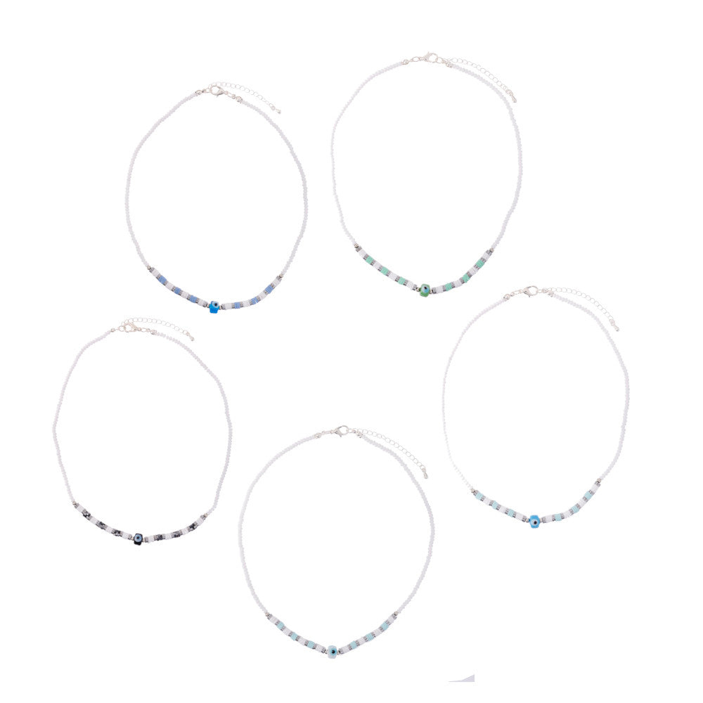 White Seedbead &amp; Fimo Evil Eye Necklace