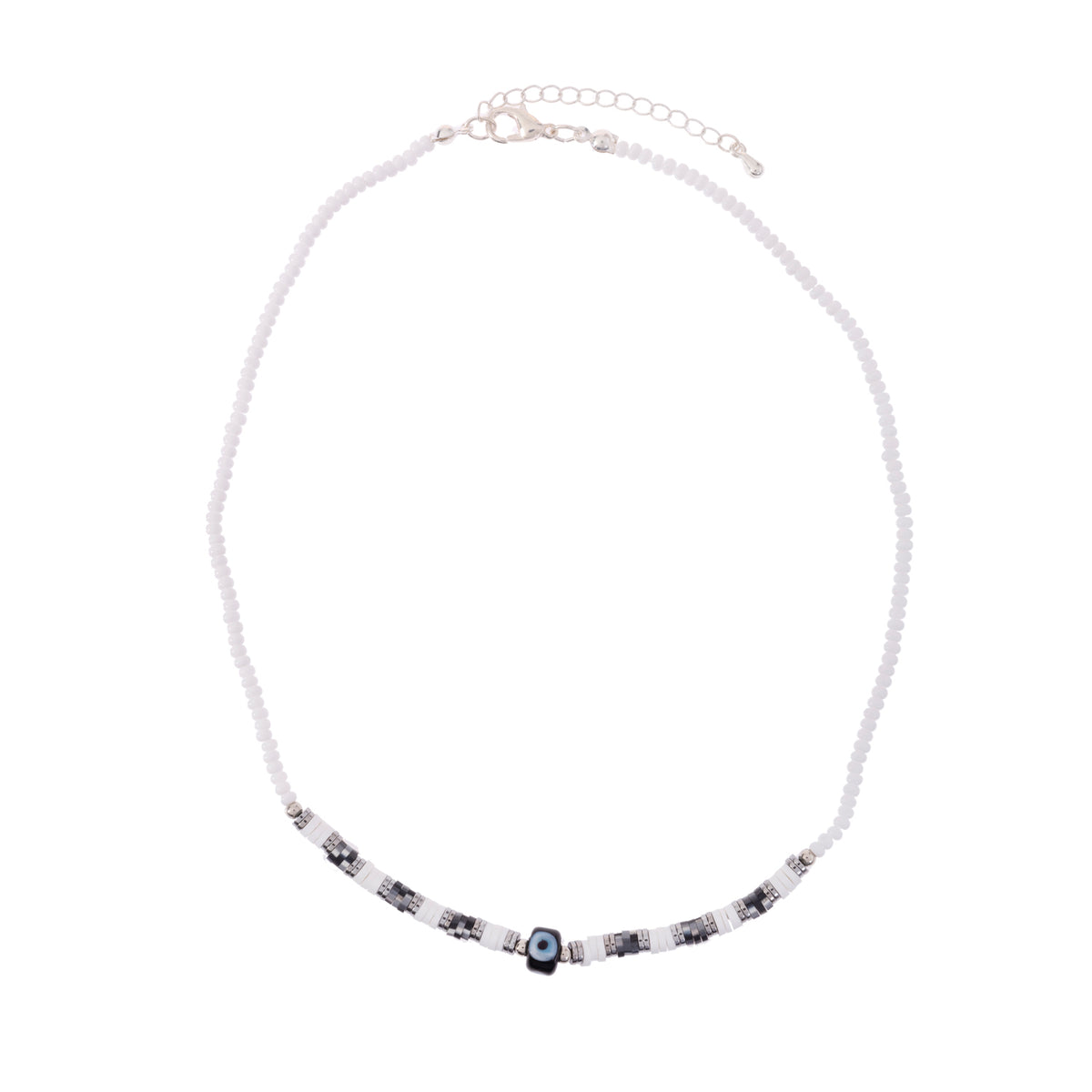 White Seedbead &amp; Fimo Evil Eye Necklace