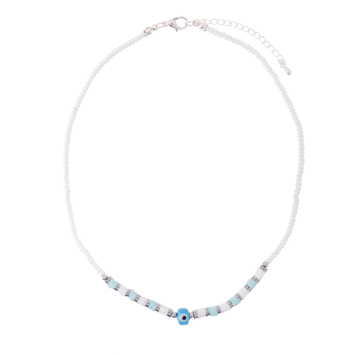 White Seedbead &amp; Fimo Evil Eye Necklace