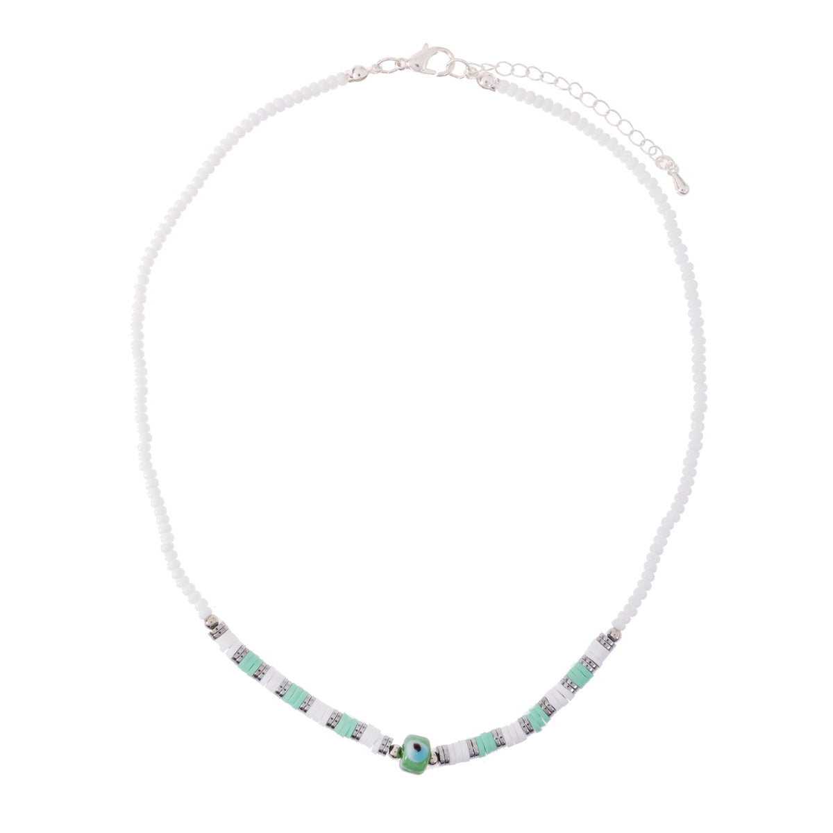 White Seedbead &amp; Fimo Evil Eye Necklace