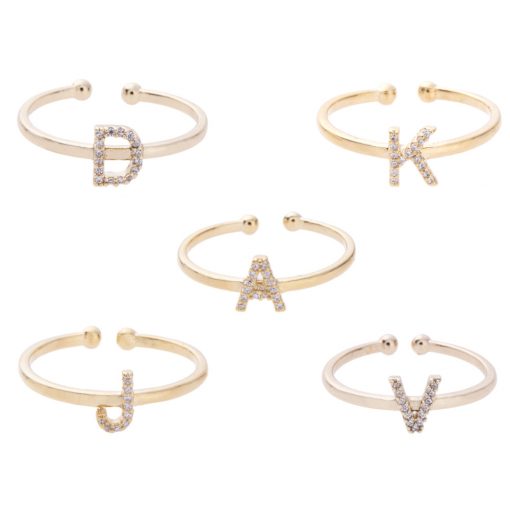 Gold Crystal Initial Pave Adjustable Ring