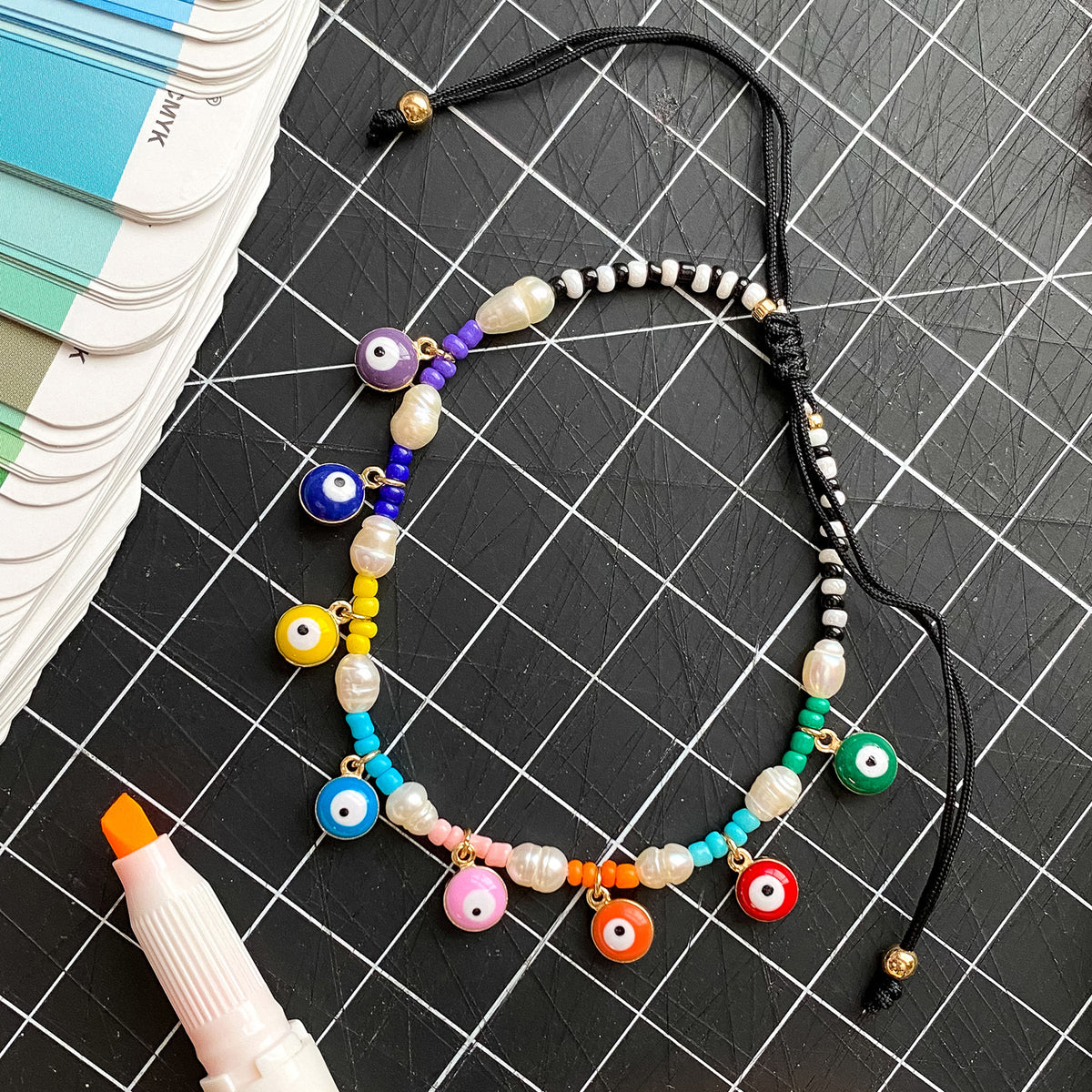 Adjustable Fresh Water Pearl &amp; Colorful Evil Eye Bracelet