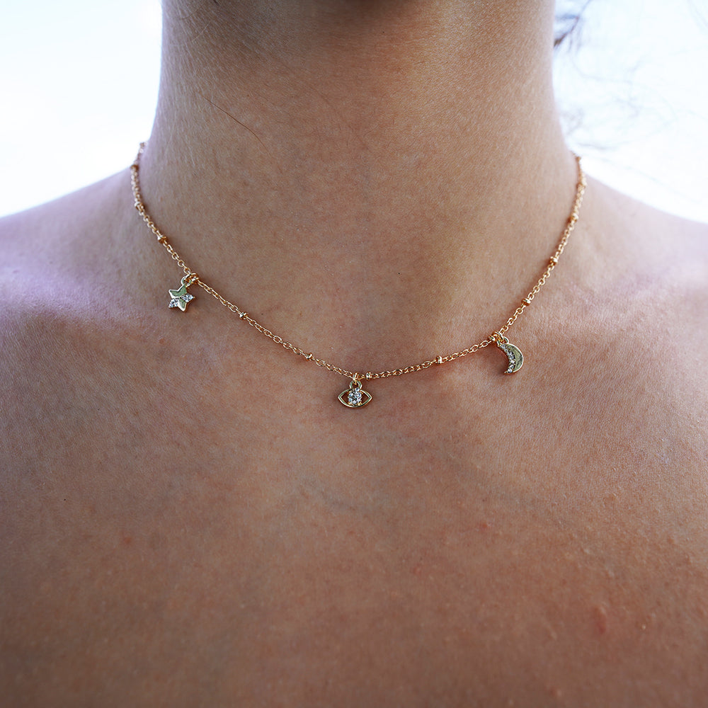 Evil Eye - Star - Moon  Charm Crystal Necklace