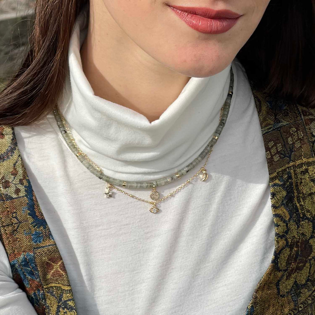 Gold Green Natural Stone Crystal Charm Necklace