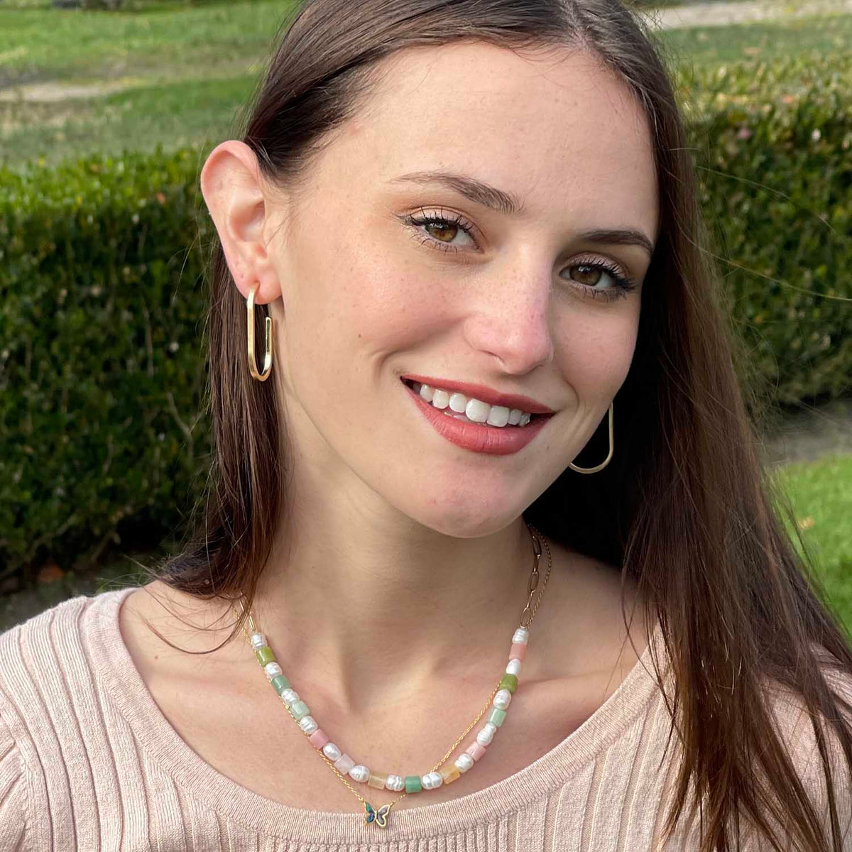 Gold Link Square Natural Stone &amp; Fresh Water Pearl Necklace