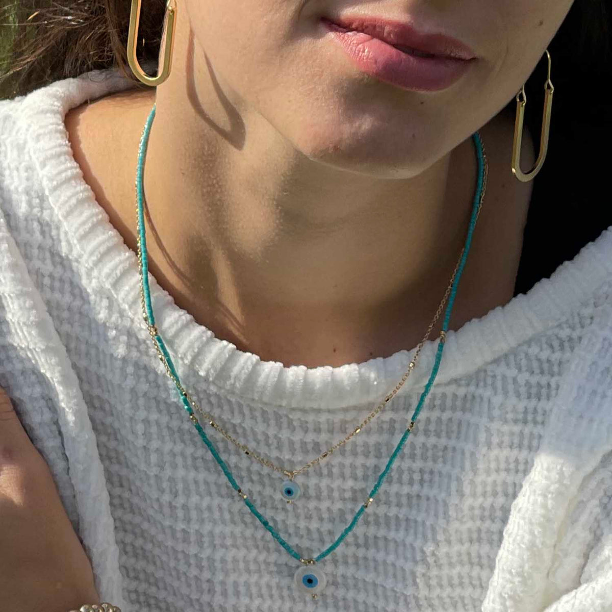 Two Strand Gold Turquoise Seedbead Evil Eye Necklace
