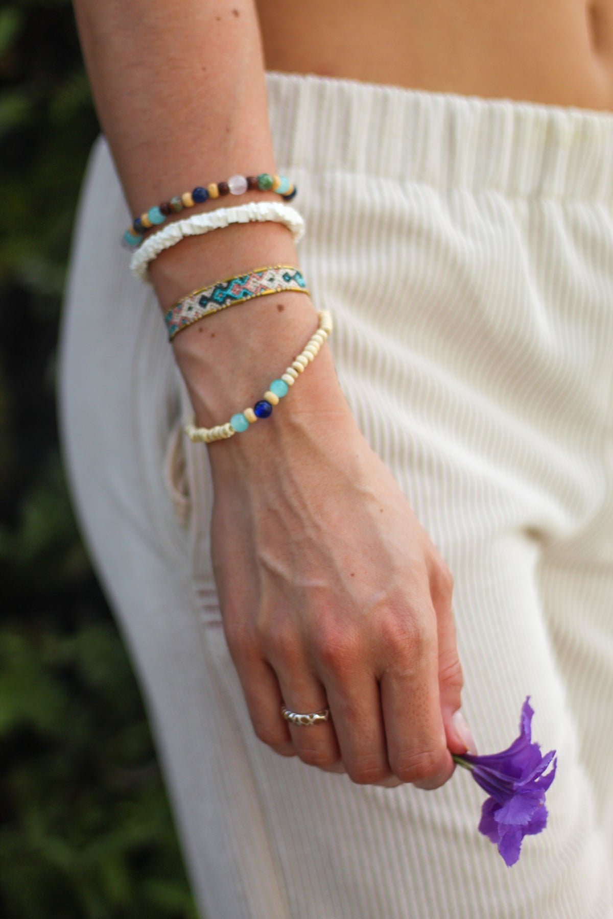 Multi-Stone and Wood Stretch Bracelet