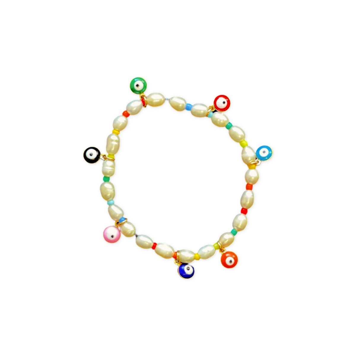 Fresh Water Pearl &amp; Colorful Evil Eye Gold Bracelet