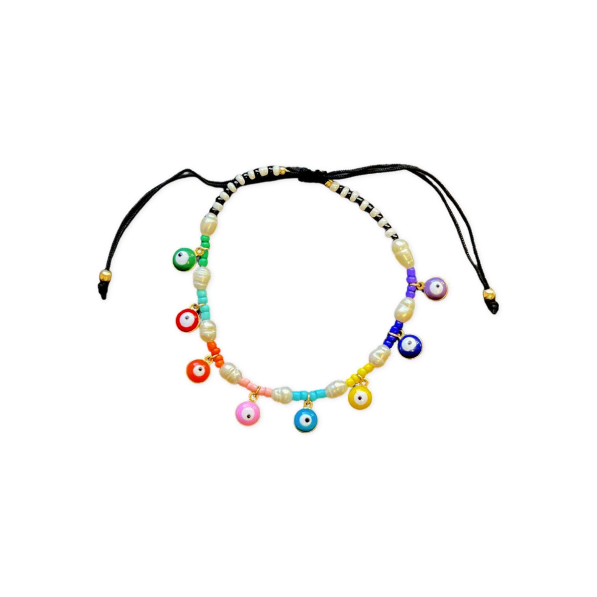 Adjustable Fresh Water Pearl &amp; Colorful Evil Eye Bracelet