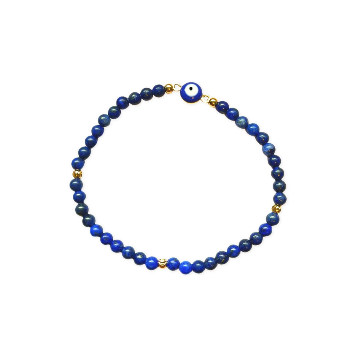 Small Dark Blue Natural Stone Beads &amp; Evil Eye Gold Bracelet