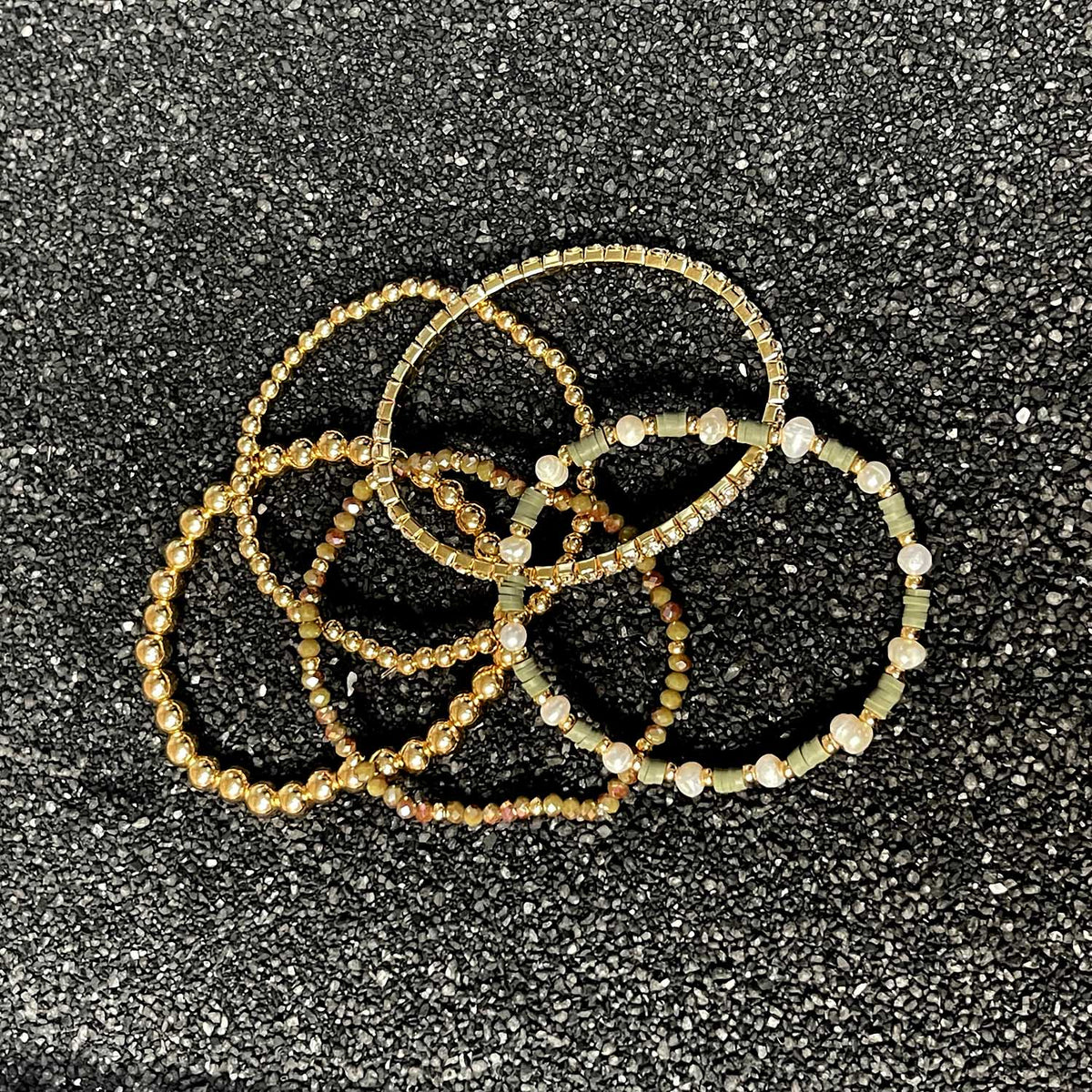 Five Strand Fimo - Pearl - Crystal - Gold Balls Bracelet